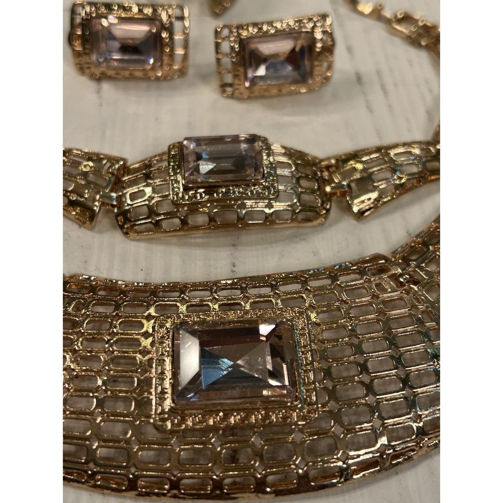 1980's Full Parure Gold Tone Pink Stones Collar‎ Necklace Bracelet Earrings Ring